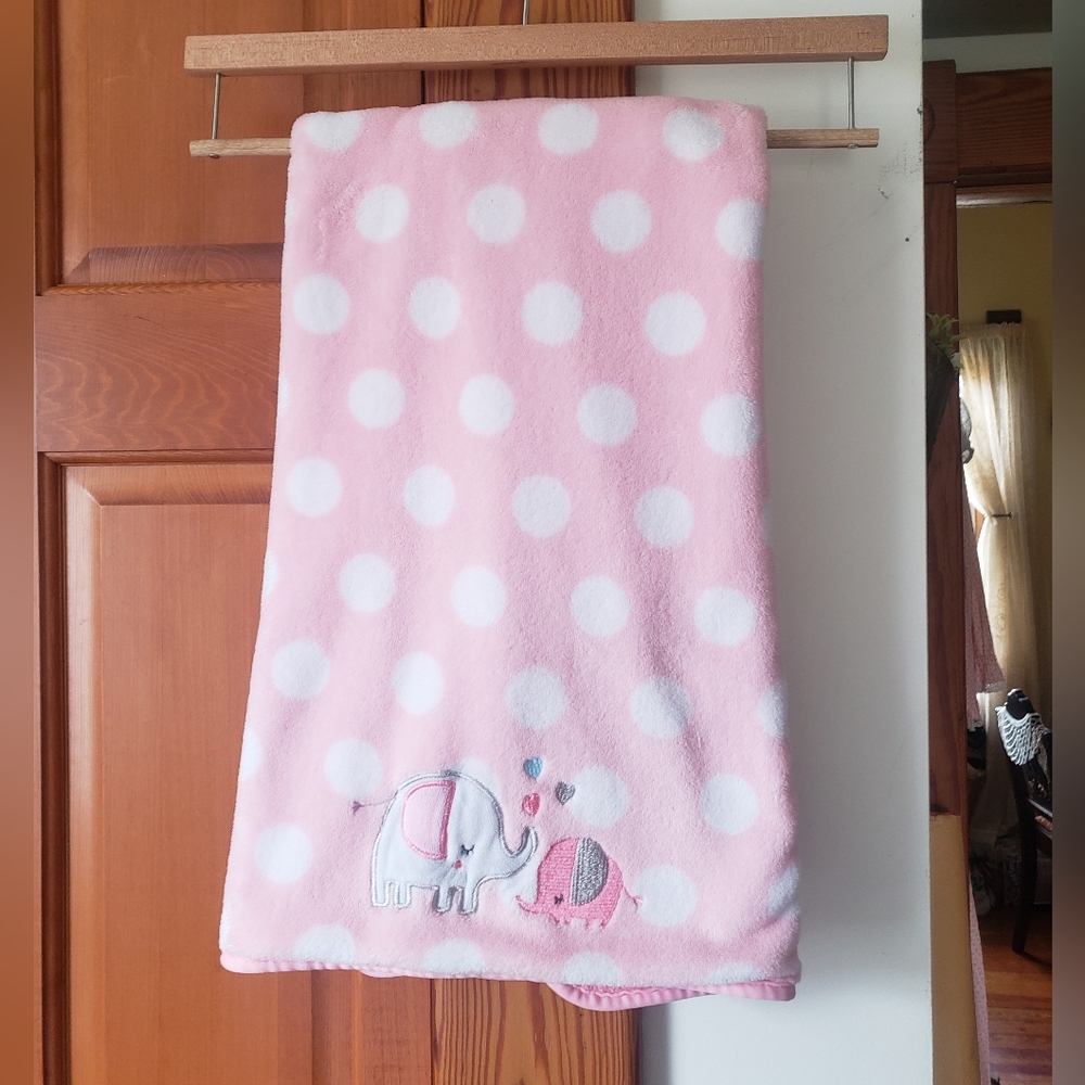Cuddle Time Pink Polka Dot Baby Blanket with Elephant Embroidery 30x40